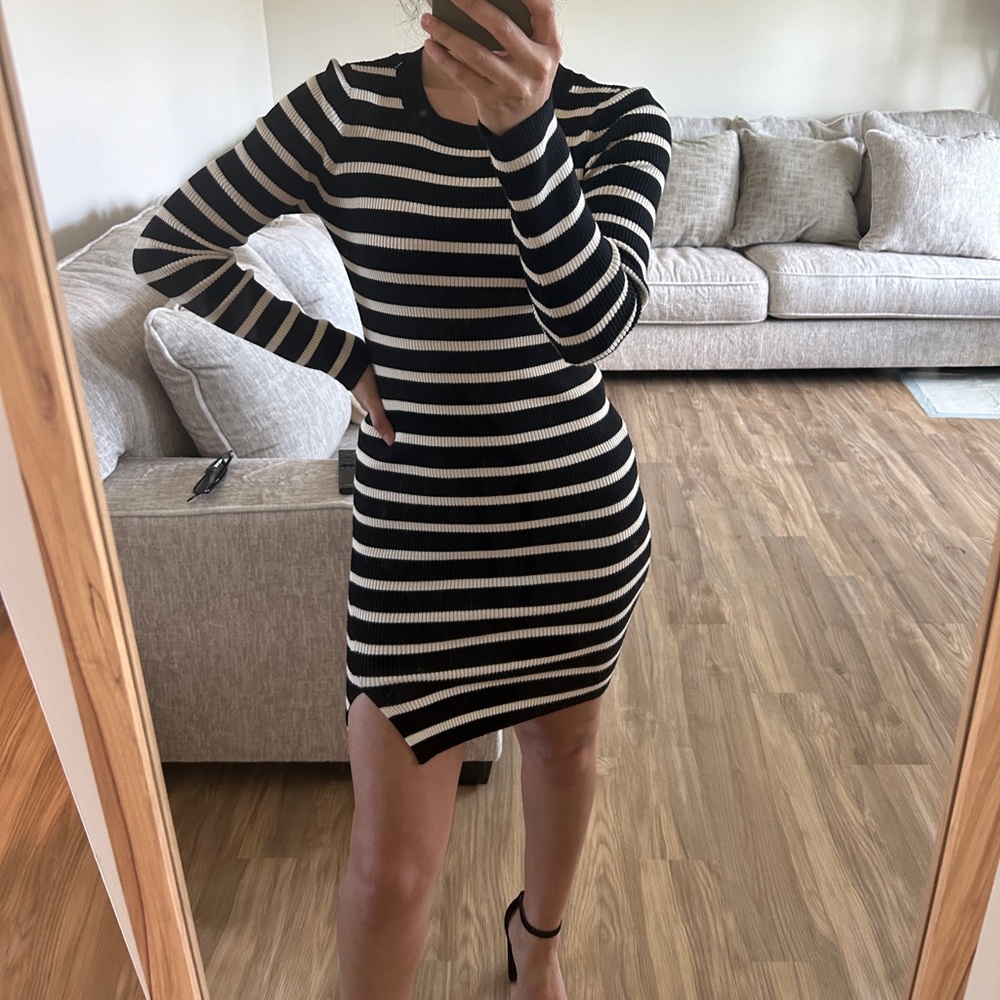 Stradivarius Black and White Mini Women’s Dress | Long Sleeeve Casual Dress